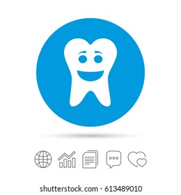 Tooth happy face sign icon. Dental care symbol. Healthy teeth. Copy files, chat speech bubble and chart web icons. Vector