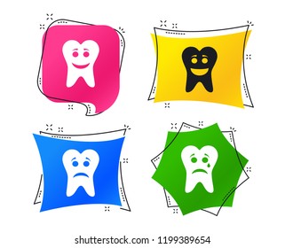 Tooth happy, sad and crying faces icons. Dental care signs. Healthy or unhealthy teeth symbols. Geometric colorful tags. Banners with flat icons. Trendy design. Vector