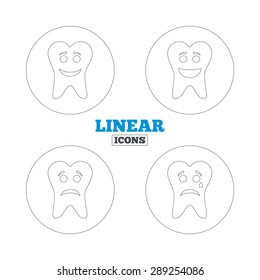 Tooth happy, sad and crying faces icons. Dental care signs. Healthy or unhealthy teeth symbols. Linear outline web icons. Vector