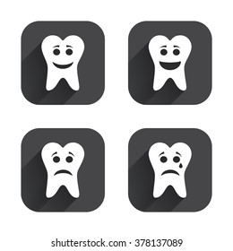 Tooth happy, sad and crying faces icons. Dental care signs. Healthy or unhealthy teeth symbols. Square flat buttons with long shadow.