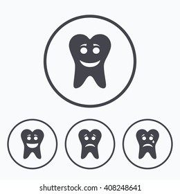 Tooth happy, sad and crying faces icons. Dental care signs. Healthy or unhealthy teeth symbols. Icons in circles.