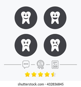 Tooth happy, sad and crying faces icons. Dental care signs. Healthy or unhealthy teeth symbols. Chat, award medal and report linear icons. Star vote ranking. Vector