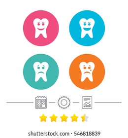 Tooth happy, sad and crying faces icons. Dental care signs. Healthy or unhealthy teeth symbols. Calendar, cogwheel and report linear icons. Star vote ranking. Vector