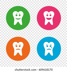 Tooth happy, sad and crying faces icons. Dental care signs. Healthy or unhealthy teeth symbols. Round buttons on transparent background. Vector