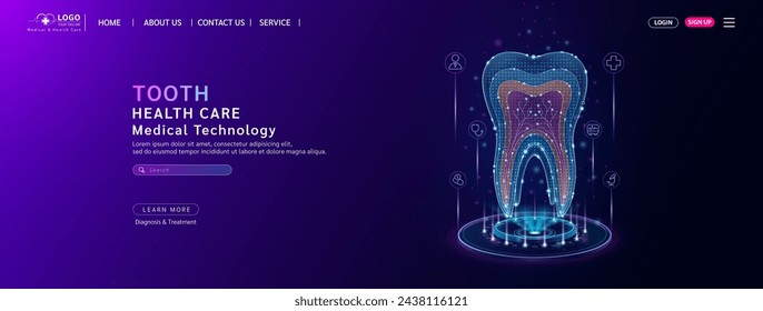 Cuidado de salud dental. Diagnosticar la enfermedad con tecnología de inteligencia artificial. Diseño de plantilla de sitio web médico. Banner para anuncios médicos en las redes sociales. Ciencia y medicina. Vector.