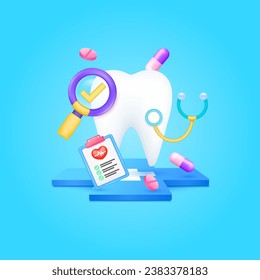 Tooth health care with doctor. Pills, Document form board and stethoscope with check mark in magnifying glass looking diagnosis floating on cross medical symbols. 3d cartoon icon organ vector.