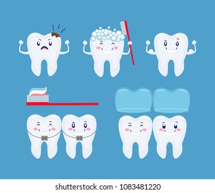 Tooth health icon set. Funny cartoon teeth set.  Tooth care consept. Brush, braces, two teeth, toothpaste, sick tooth, happy tooth.  Vector illustration.