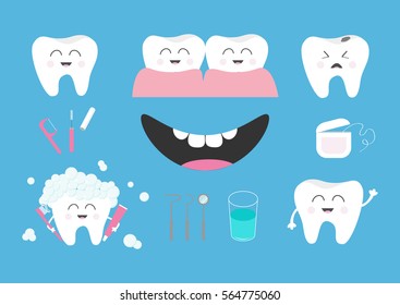 Tooth health icon set. Toothpaste, toothbrush, dental tools instruments, thread, floss, mirror, brush, water. Children teeth care. Oral hygiene Baby background Flat design Vector illustration