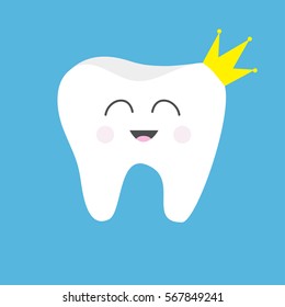 Tooth health icon wearing crown. Cute funny cartoon smiling character. King queen prince princess Oral dental hygiene. Children teeth care. Baby background. Flat design. Vector illustration