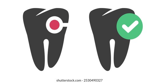 Dentes saudáveis e dentais dolorosos cáries ícone da cavidade vetor pictograma gráfico simples conjunto de ilustração, dentes limpos reparados e decaimento dor silhueta forma imagem clip art, dor de dente símbolo da doença