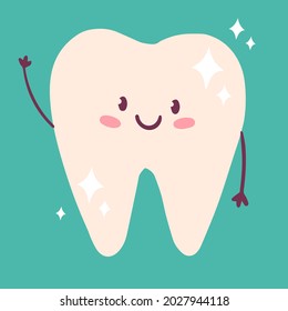 Tooth Is Healthy And Happy Waving His Hand. The Milk Tooth Is Shiny And Smiling. Child's Drawing. Vector Hand-drawn Isolated Illustration