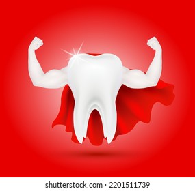 Músculo espumoso saludable y fuerte con fluorina de calcio. Dientes con velo rojo aislados en un fondo oscuro. Puede utilizarse en la clínica de dentista infantil. Concepto de salud médica. vector 3D.