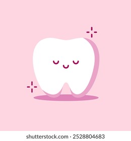 Dente branco espumante saudável. Bom para a clínica de dentista infantil. Saúde médica e conceito de odontologia. Cuidados dentários. Caráter dentário de desenho animado. Ilustração vetorial sobre fundo rosa