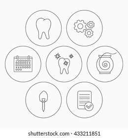 Tooth, healthy teeth and dental implant icons. Dental floss linear sign. Check file, calendar and cogwheel icons. Vector