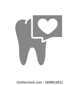 Tooth with heart in chat bubble gray icon. Healthy organ symbol