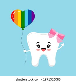 Tooth with heart shape balloon rainbow pride colors dental icon isolated on background. Teeth with multicolored balloon. Flat design cartoon dentist clip art vector pride month friendly illustration.