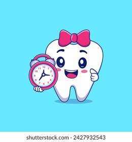 Diente con el reloj de la celebración Caricatura plana Estilo. Concepto de icono aislado de salud dental vectorial premium 