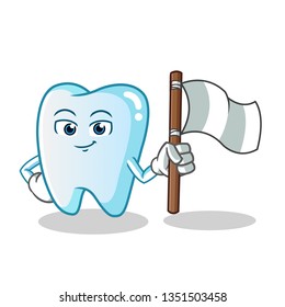 tooth holding flag mascot vector cartoon illustration
