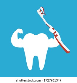 Tooth holding giant toothbrush and brushing isolated on background. Vector illustration. Eps 10.