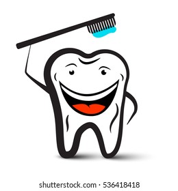 Tooth Holding Toothbrush Cartoon. Cleaning Teeth Funky Vector Illustration.