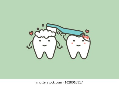 tooth is holding toothbrush and toothpaste to brushing teeth for friend - dental cartoon vector flat style cute character for design