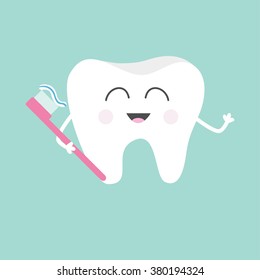 Tooth holding toothbrush with toothpaste. Cute funny cartoon smiling character. Children teeth care icon. Oral dental hygiene. Tooth health. Baby background. Flat design. Vector illustration