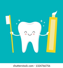 Tooth holding toothpaste and toothbrush. Cute funny cartoon smiling character. Kawaii illustration