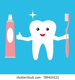 Tooth holding toothpaste and toothbrush. Cute funny cartoon smiling character.