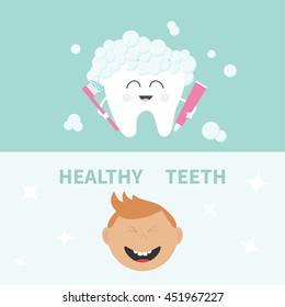 Tooth holding toothpaste and toothbrush. Smiling boy. Healthy teeth banner set. Flat design Vector illustration