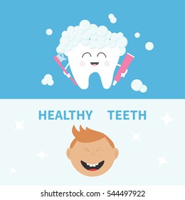 Tooth holding toothpaste and toothbrush. Smiling boy. Healthy teeth banner set. Flat design Blue white background. Vector illustration