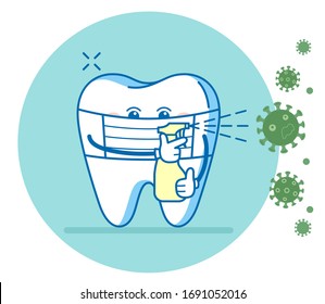 The tooth holds sanitizer spray for disinfecting contact surfaces from virus and wearing mask. Dental illustration due to COVID-19 or Coronavirus outbreak. Sign of cleaning workplaces.