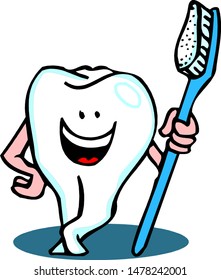 tooth holds a toothbrush with a smile.