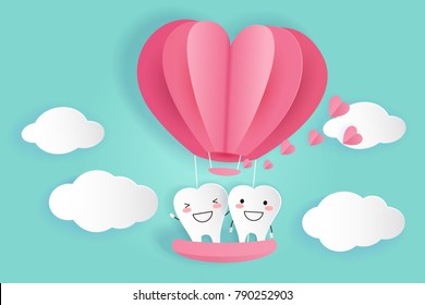 tooth with hot air balloon on the green background