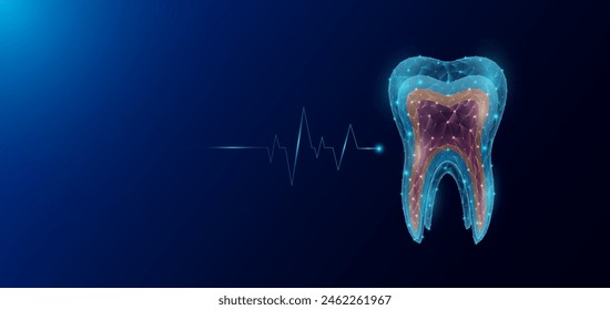 Anatomía del órgano humano de los dientes en forma de polígono de bajo poli futurista y onda de pulso brillante. Anuncio de Plantilla de ciencias médicas con espacio vacío para texto. Ilustración del EPS10 del Vector.