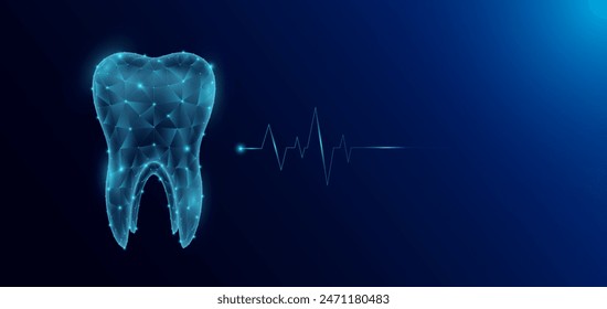 Anatomía del órgano humano de los dientes en forma de polígono de bajo poli futurista y onda de pulso brillante. Anuncio de Plantilla de ciencias médicas con espacio vacío para texto. Ilustración del EPS10 del Vector.