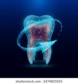 Tooth human organ anatomy in form style polygon low poly surrounded by arrows glowing on dark blue background. Used for design medical science advertisements. Vector EPS10 illustration.