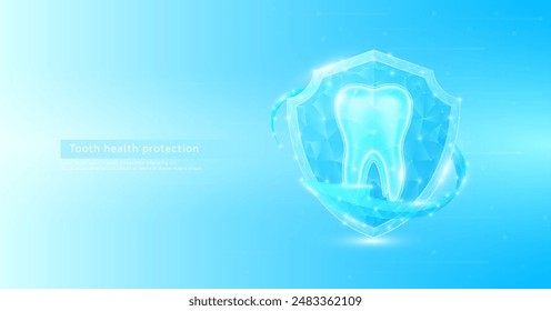 tooth human organ anatomy style polygonal in shield glowing surrounded by blue arrows. Medical science protection symbol. Health care concept. Banner vector EPS10.