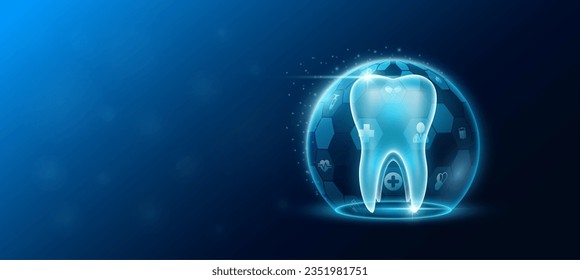 Cuerpo humano dental dentro de la cúpula protección protector ícono futurista y médico transparente. La innovación tecnológica y la atención de la salud. Banner del sitio web de anuncios de ciencia médica con espacio vacío para el texto. Vector.