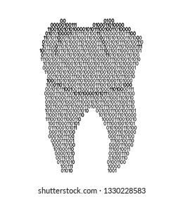 Tooth human root single abstract schematic from black ones and zeros binary digital code. Vector illustration.
