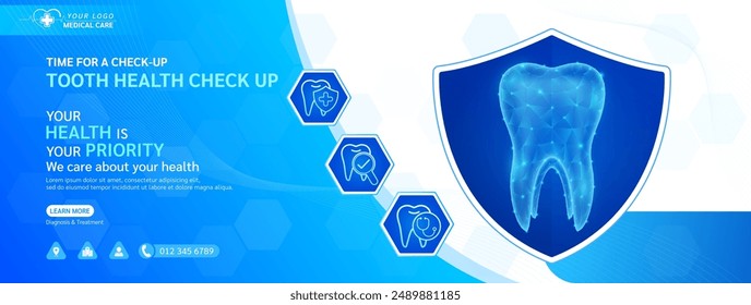 Tooth human in shield frame. Medical health care check up. Magnifying glass and stethoscope examining organ icon. Template design background banner for medical ads social media editable. Vector.