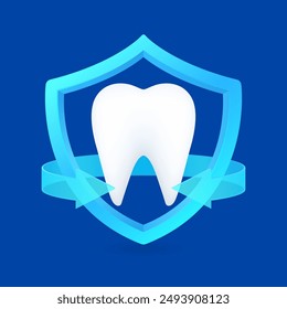 Tooth human in shield surrounded by blue arrow. Protection symbol health care. Medical science concept. Organ model cartoon style 3d isolated on white background. Vector EPS 10.