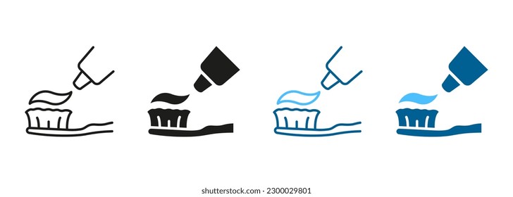 Tooth Hygiene, Oral Hygienic Tool. Toothbrush with Toothpaste Tube Silhouette and Line Icon Set. Teeth Care Equipment Symbol. Hygiene Accessory Black and Color Pictogram. Isolated Vector Illustration.