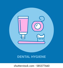 Tooth hygiene, toothbrush, toothpaste. Dentist, orthodontics line icon. Dental floss sign, medical elements. Health care thin linear symbol for dentistry clinic.