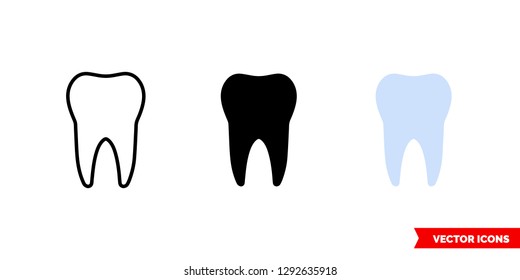Tooth icon of 3 types: color, black and white, outline. Isolated vector sign symbol.