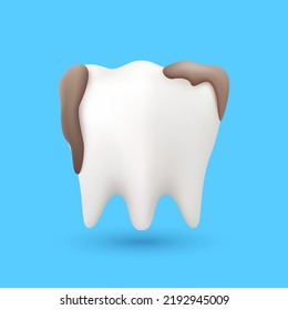 Tooth icon 3d there are stains brown with dark spots for children dental clinic design. Dental hygiene concept. Isolated on white background. Vector EPS10 illustration. 