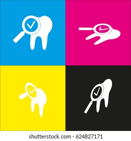 Tooth icon with a;;ow sign. Vector. White icon with isometric projections on cyan, magenta, yellow and black backgrounds.