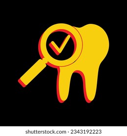 Tooth icon with arrow sign. 3D Extruded Yellow Icon with Red Sides a Black background. Illustration.