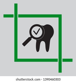 Tooth icon with arrow sign. Black icon inside green crop tool at light gray background