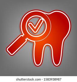 Tooth icon with arrow sign. Flat red icon with linear white icon with gray shadow at grayish background. Illustration.