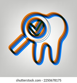 Icono dental con signo de flecha. Icono marcado en colores naranja, azul y lavanda antigua en fondo gris. Ilustración.